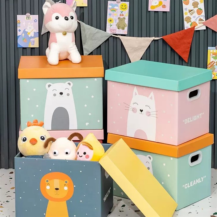 color patterned paper toy storage boxes
