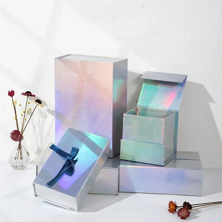 Silver Laser Foldable Boxes With Ribbon